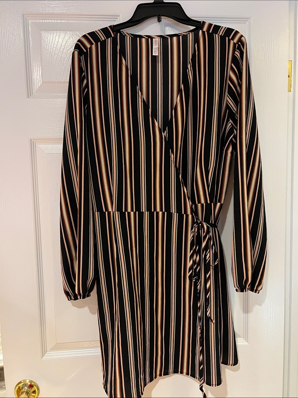 Xhilaration Black Striped Wrap Dress with Beige and Cream Accents